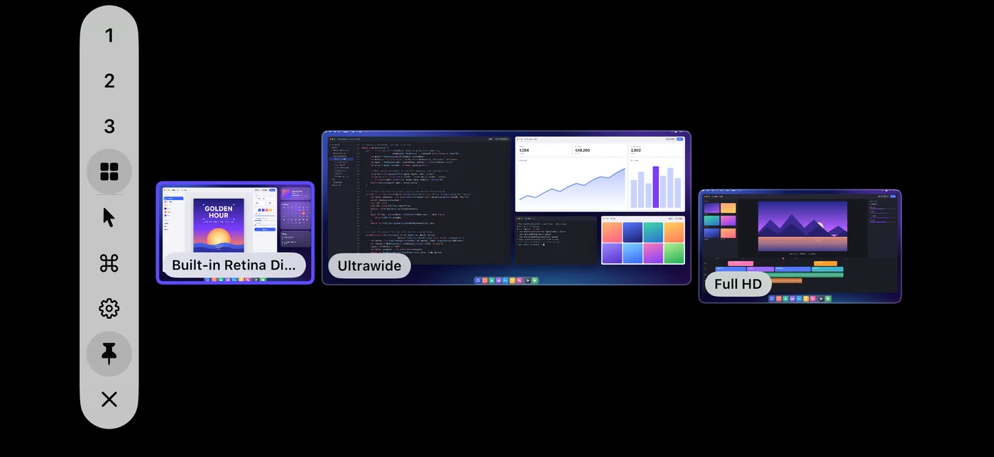 ElseScreen's All Displays view, with live previews of a Mac's three displays side by side