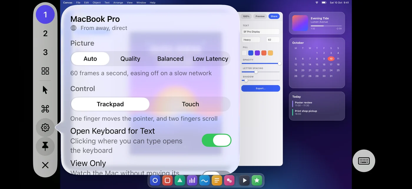 ElseScreen's session settings over a Mac's desktop, connected from away