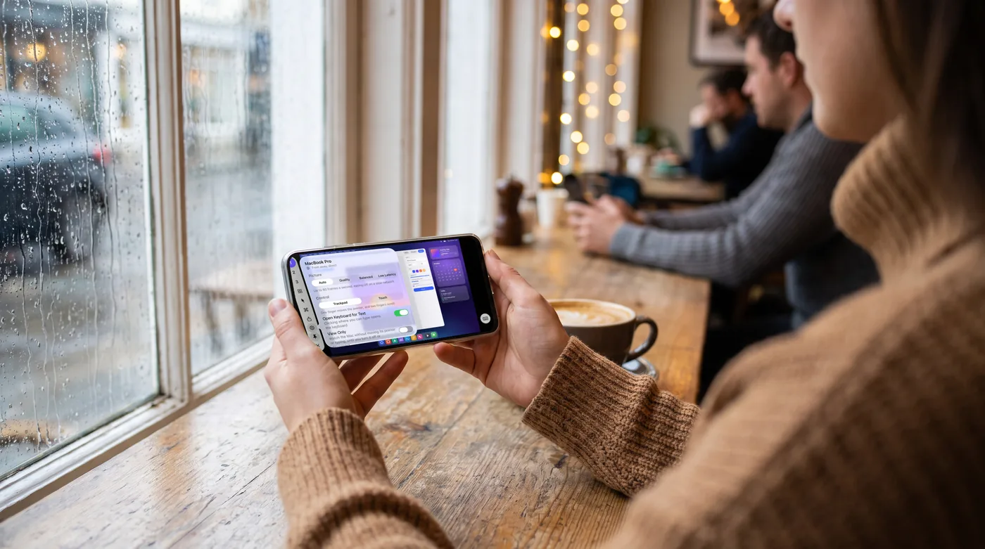 Hands holding an iPhone sideways at a café window on a rainy day, showing ElseScreen's settings over a Mac's desktop