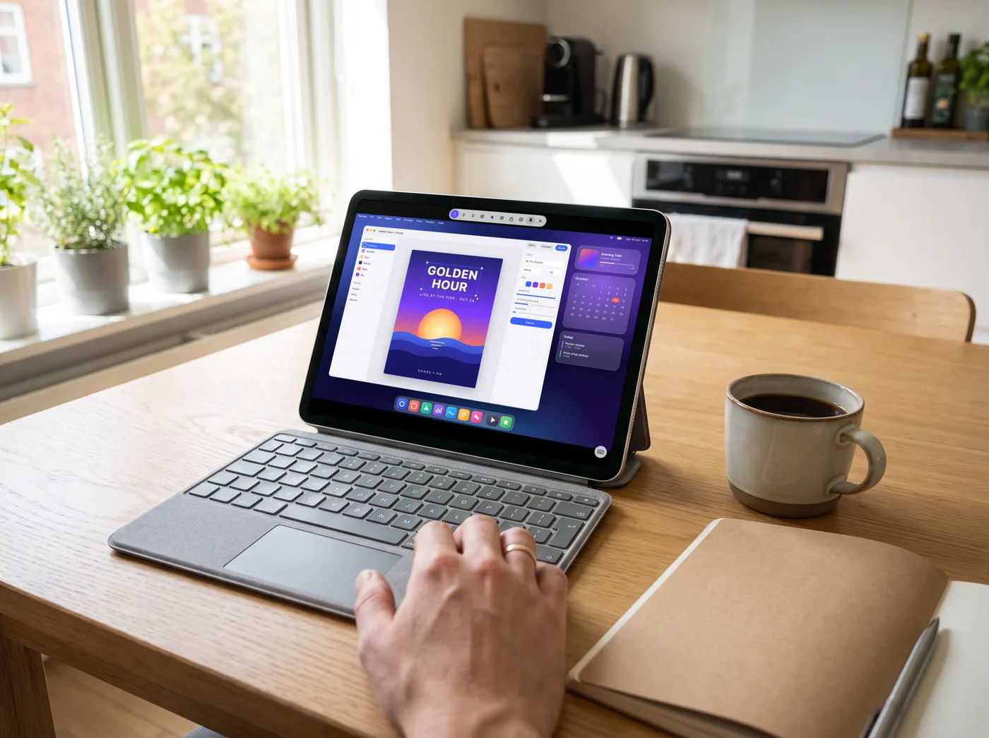 An iPad in a keyboard case on a kitchen table, showing a Mac's design app, with a hand on the trackpad