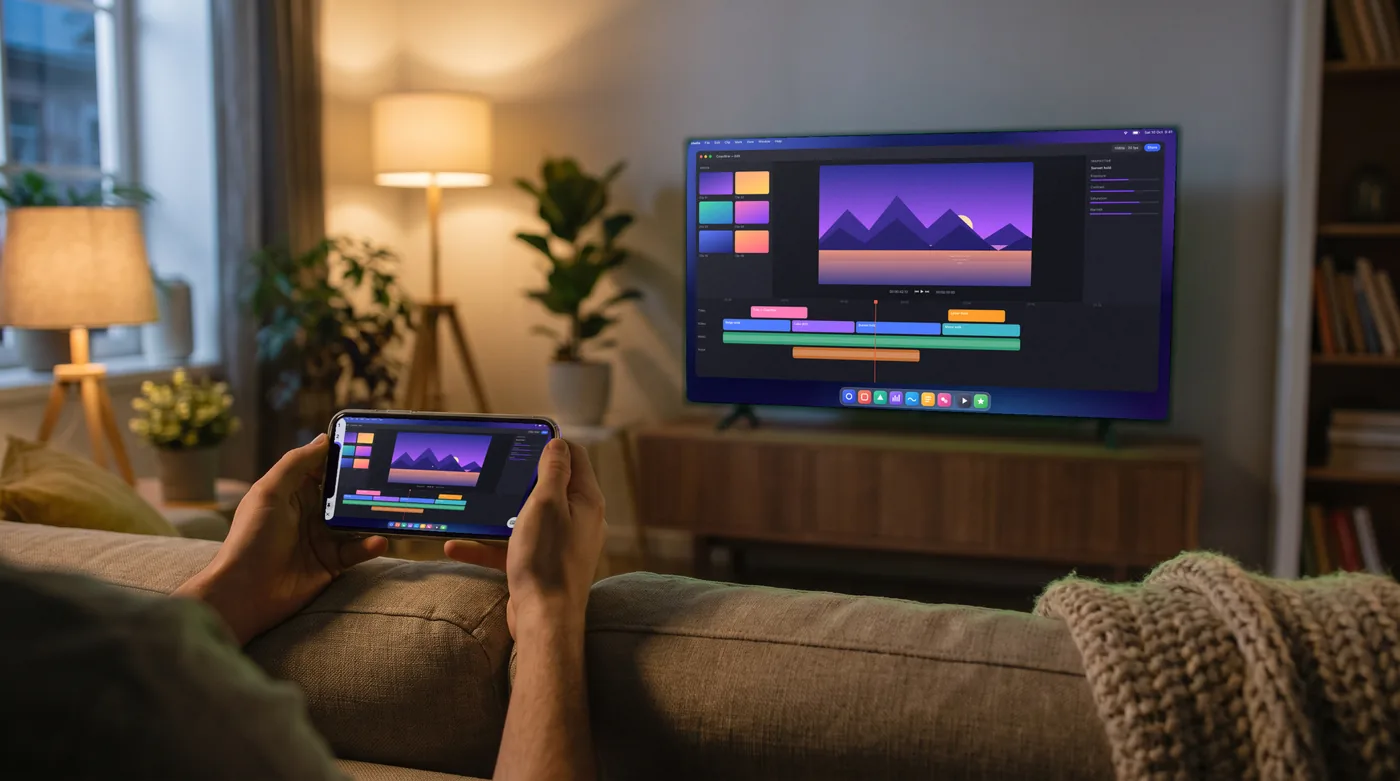 A person on a sofa holding an iPhone, with the Mac's video editor on the iPhone and on the living room TV