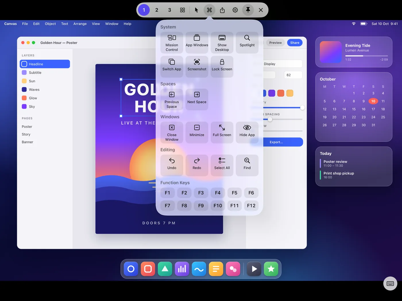 ElseScreen on an iPad with the Mac shortcuts palette open over a design app