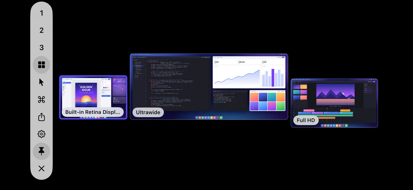 All Displays on an iPhone: live previews of a built-in display, an ultrawide, and a Full HD display, side by side