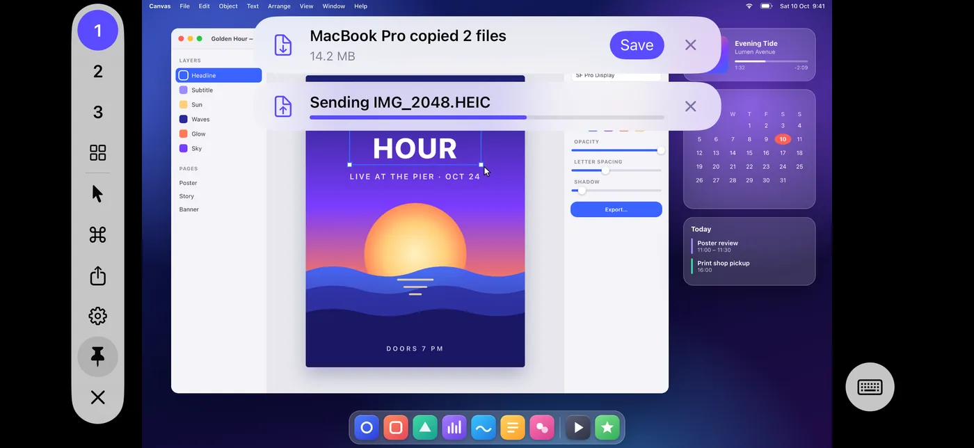 ElseScreen showing that the Mac copied two files, with a Save button, while a photo is being sent to the Mac