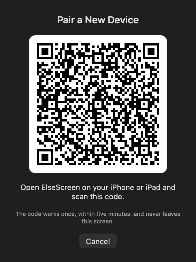 ElseScreen Host showing a pairing code to scan with an iPhone or iPad