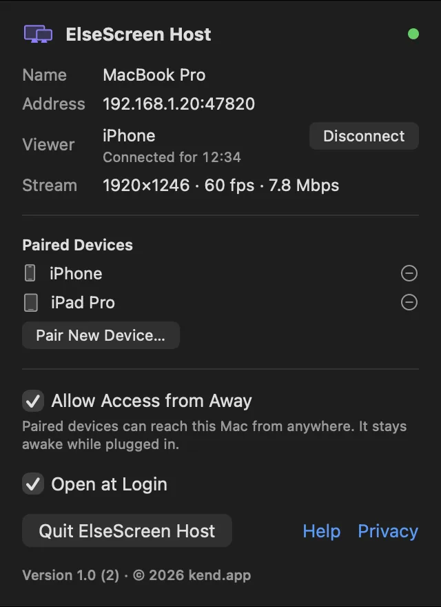 ElseScreen Host's window: an iPhone connected for 12 minutes, the stream at 60 frames a second, two paired devices, and Allow Access from Away